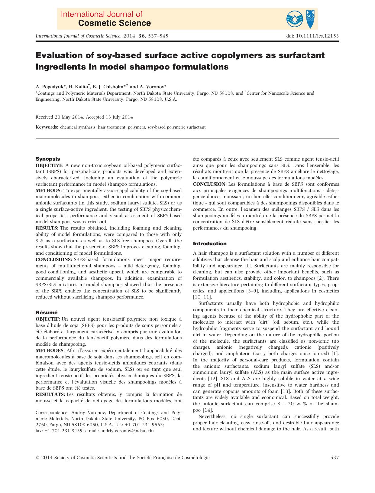 Evaluation of soy&#x2010;based surface active copolymers as surfactant ingredients in model shampoo formulations by Unknown