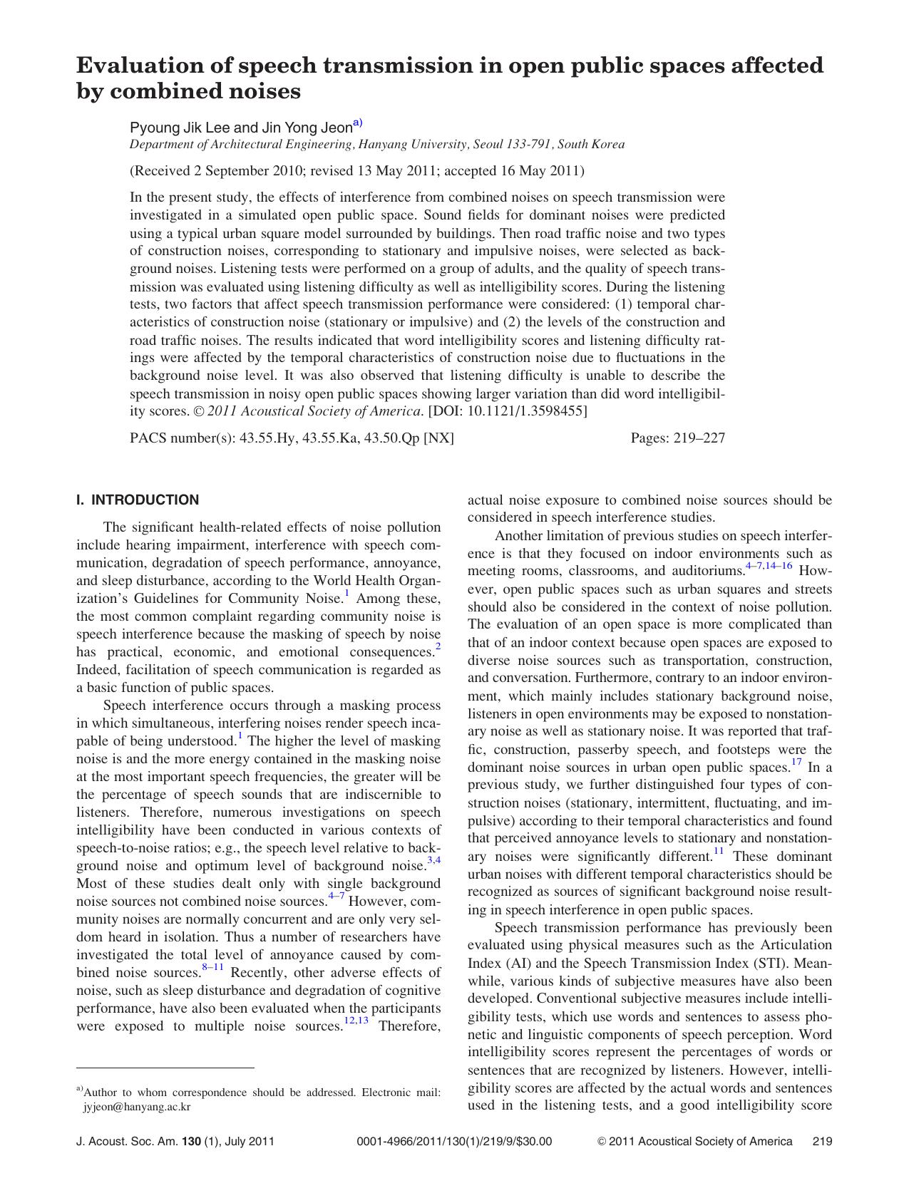 Evaluation of speech transmission in open public spaces affected by combined noises by Pyoung Jik Lee and Jin Yong Jeon