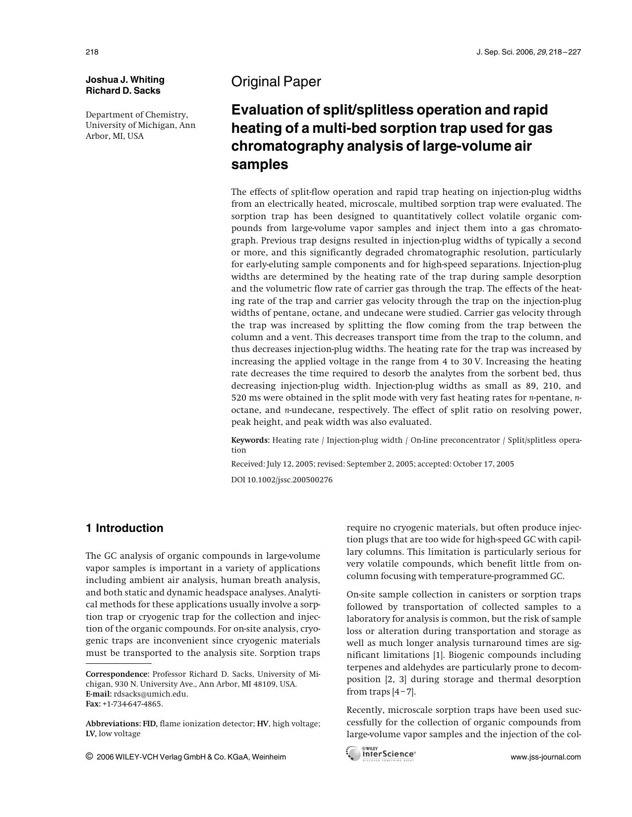 Evaluation of splitsplitless operation and rapid heating of a multi-bed sorption trap used for gas chromatography analysis of large-volume air samples by Unknown