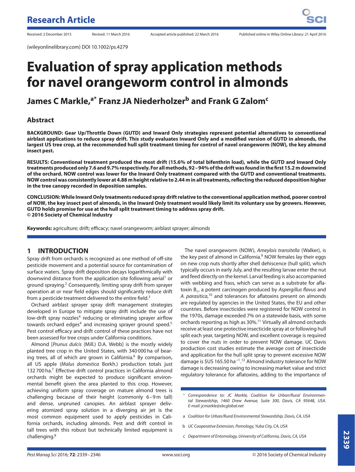 Evaluation of spray application methods for navel orangeworm control in almonds by Unknown