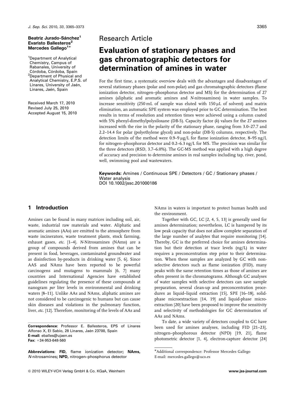 Evaluation of stationary phases and gas chromatographic detectors for determination of amines in water by Unknown