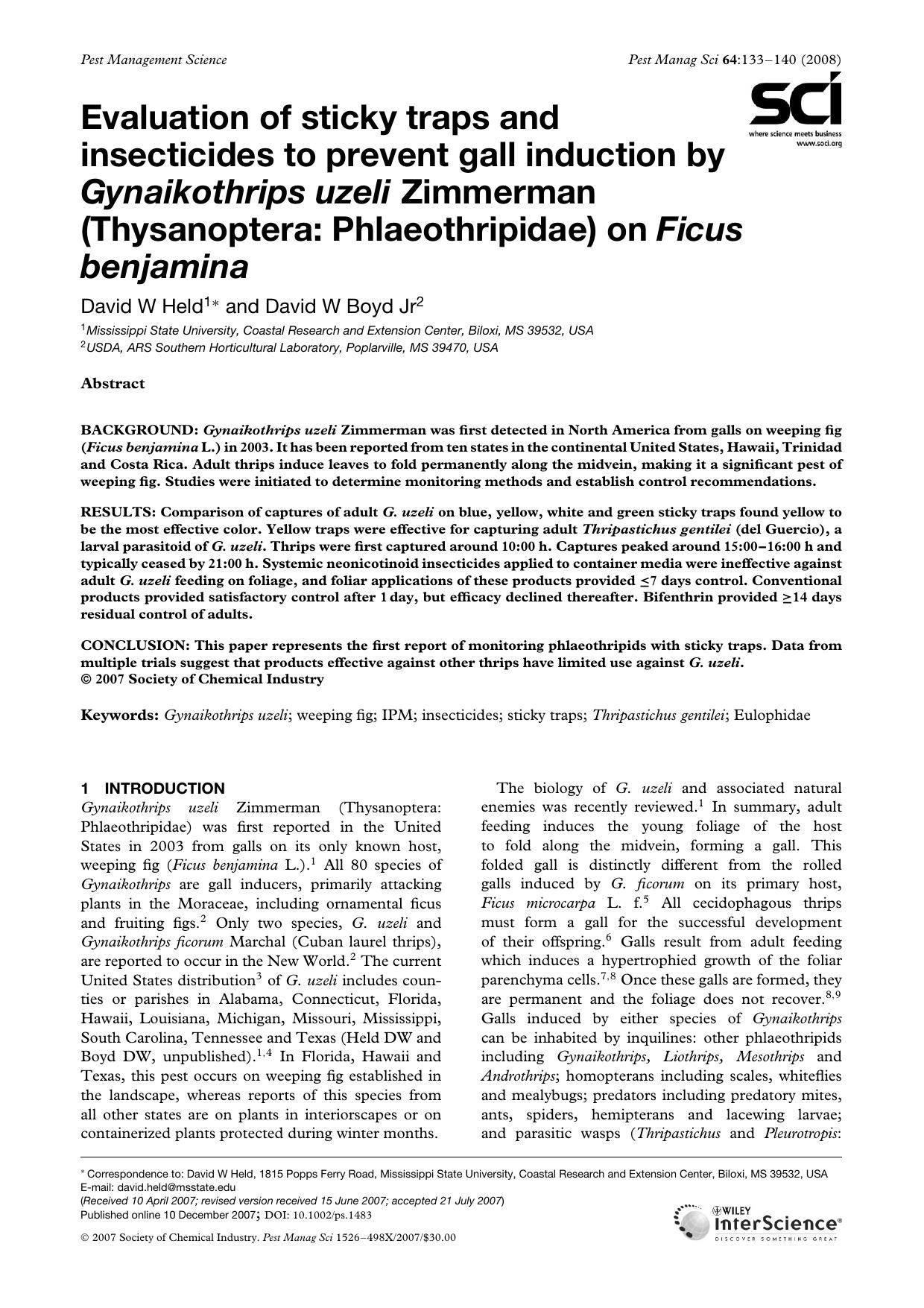 Evaluation of sticky traps and insecticides to prevent gall induction by Gynaikothrips uzeli Zimmerman (Thysanoptera: Phlaeothripidae) on Ficus benjamina by Unknown