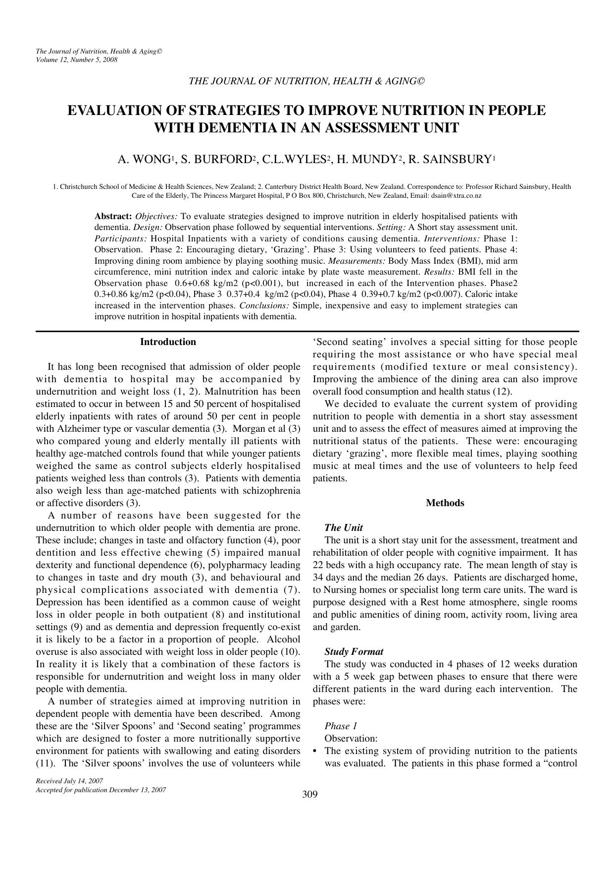 Evaluation of strategies to improve nutrition in people with dementia in an assessment unit by Unknown
