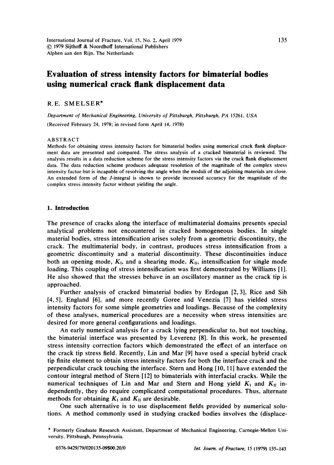 Evaluation of stress intensity factors for bimaterial bodies using numerical crack flank displacement data by Unknown