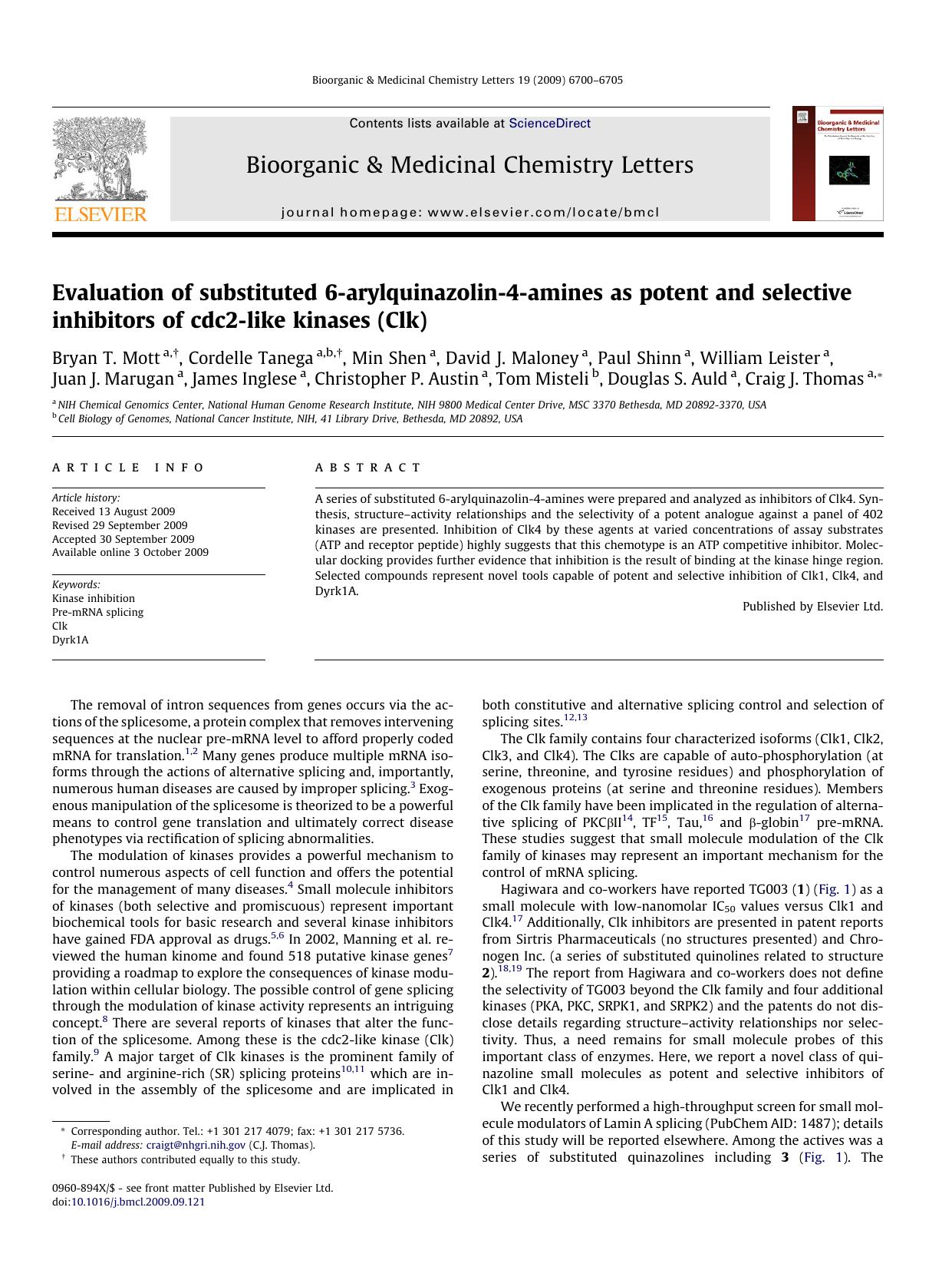 Evaluation of substituted 6-arylquinazolin-4-amines as potent and selective inhibitors of cdc2-like kinases (Clk) by unknow