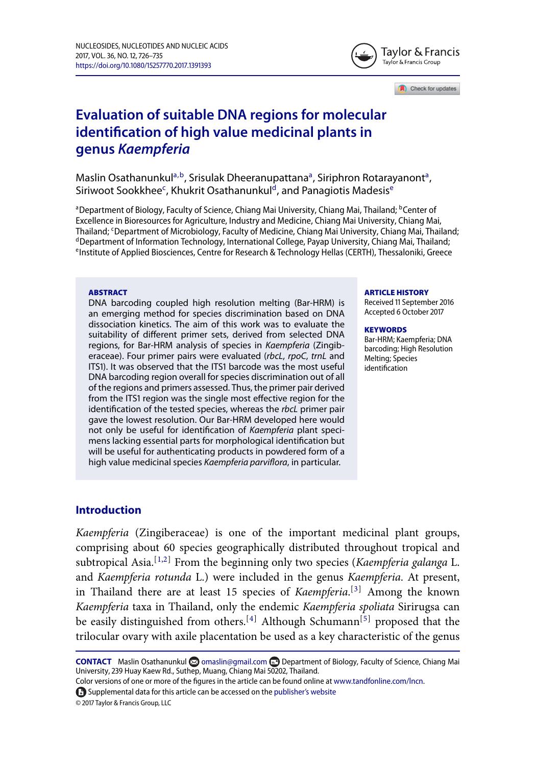 Evaluation of suitable DNA regions for molecular identification of high value medicinal plants in genus Kaempferia by unknow