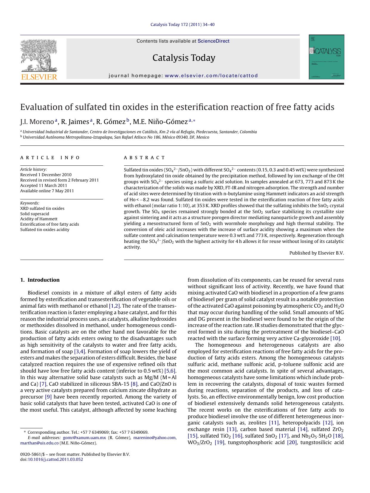 Evaluation of sulfated tin oxides in the esterification reaction of free fatty acids by J.I. Moreno