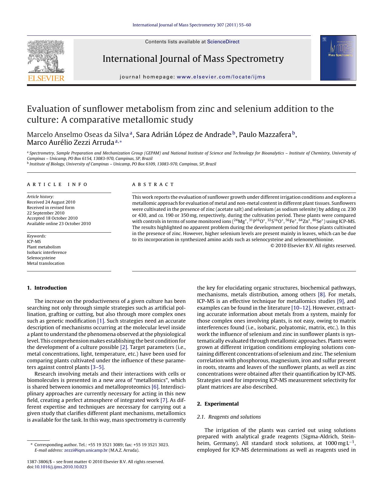 Evaluation of sunflower metabolism from zinc and selenium addition to the culture: A comparative metallomic study by Marcelo Anselmo Oseas da Silva