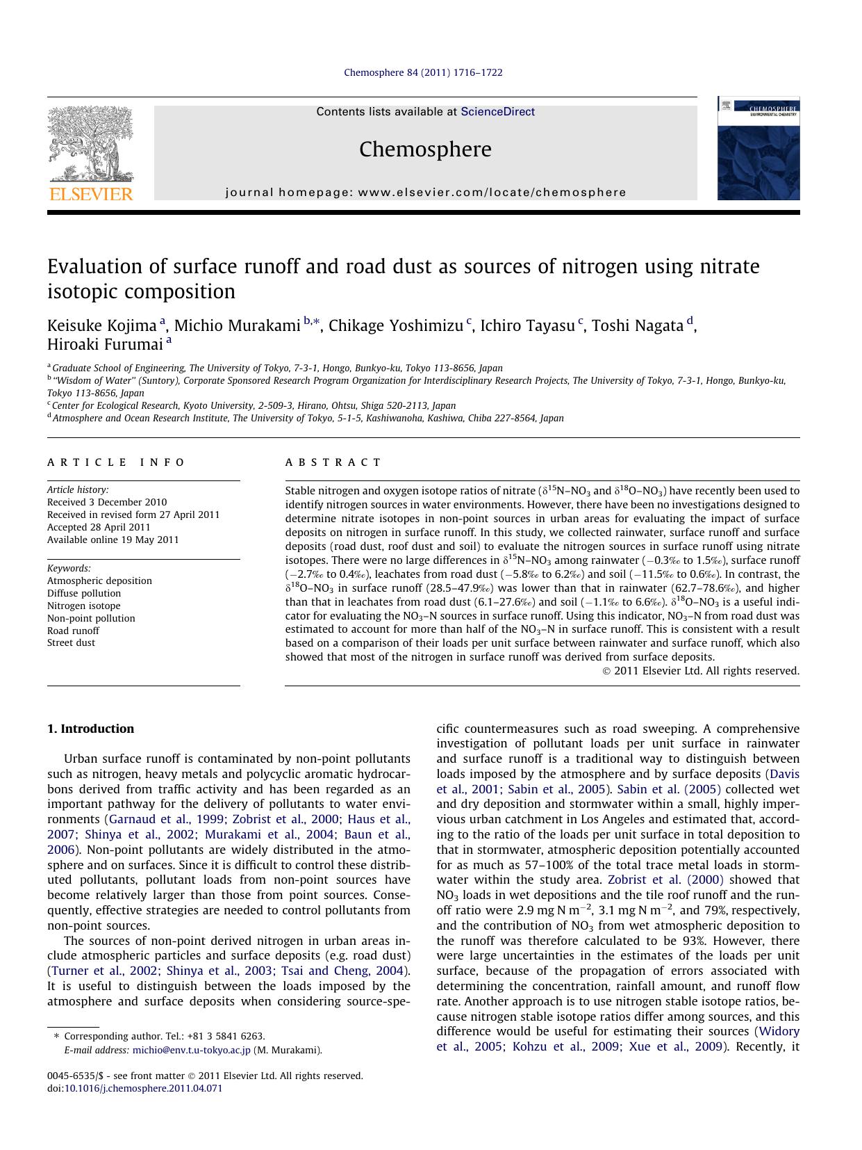 Evaluation of surface runoff and road dust as sources of nitrogen using nitrate isotopic composition by unknow