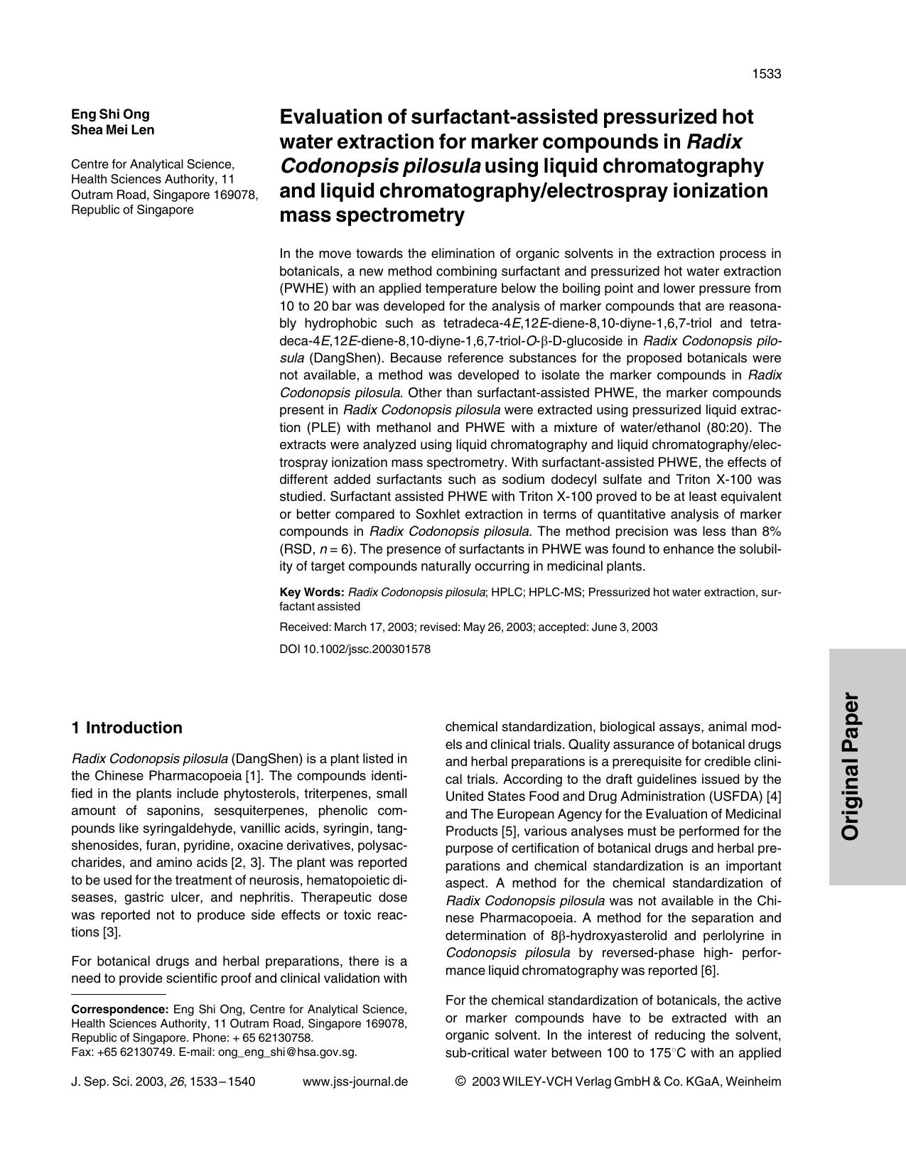 Evaluation of surfactant-assisted pressurized hot water extraction for marker compounds in Radix Codonopsis pilosula using liquid chromatography and liquid chromatographyelectrospr by Unknown