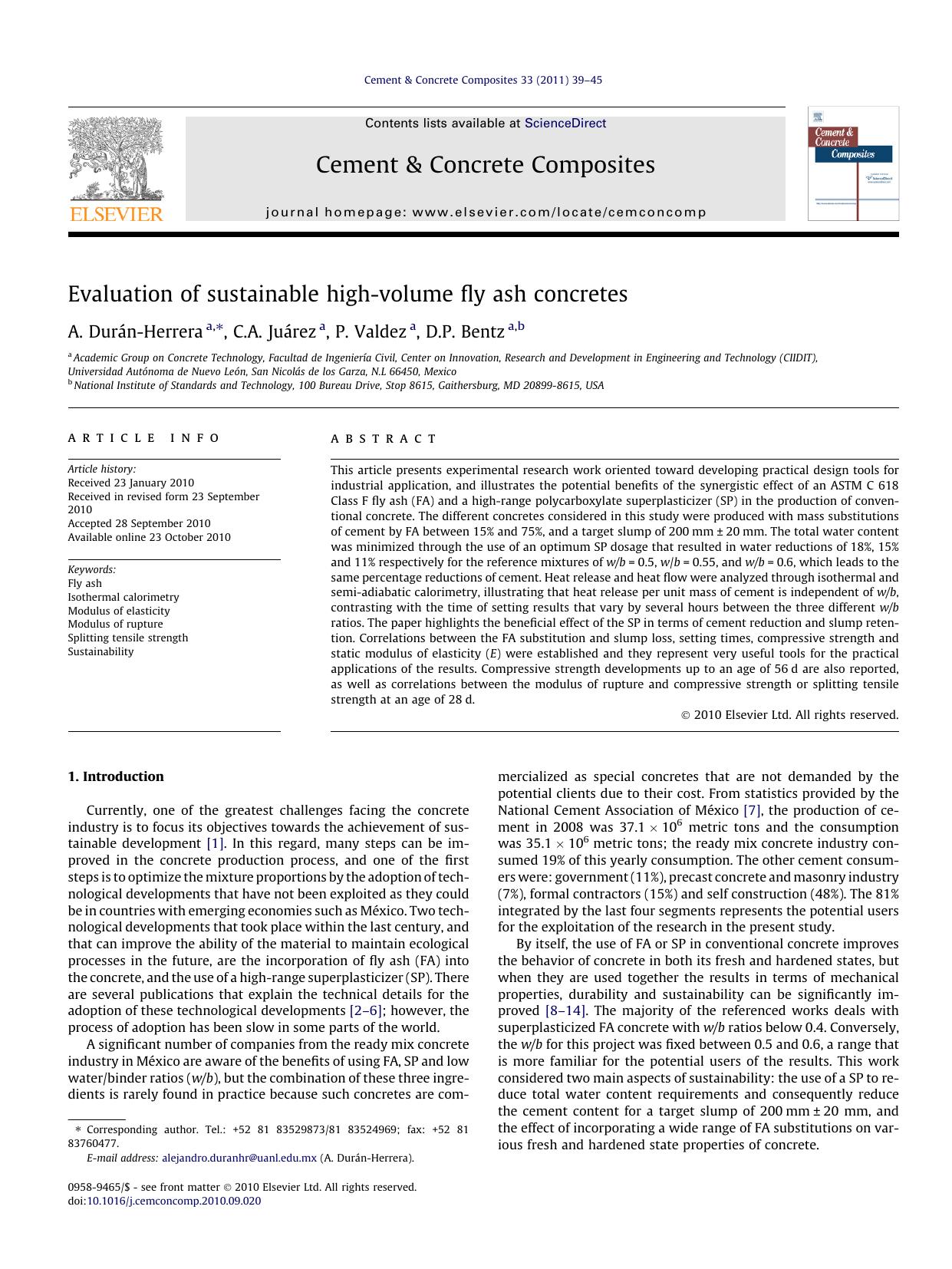 Evaluation of sustainable high-volume fly ash concretes by A. DurÃ¡n-Herrera & C.A. Juárez & P. Valdez & D.P. Bentz