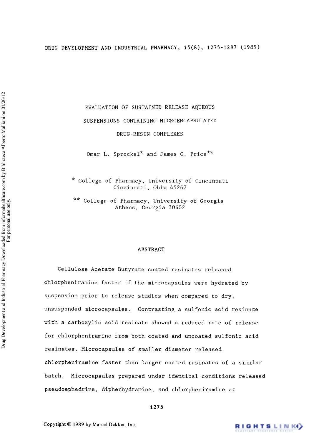 Evaluation of sustained release aqueous suspensions containing microencapsulated drug-resin complexes by Omar L. Sprockel & James C. Price