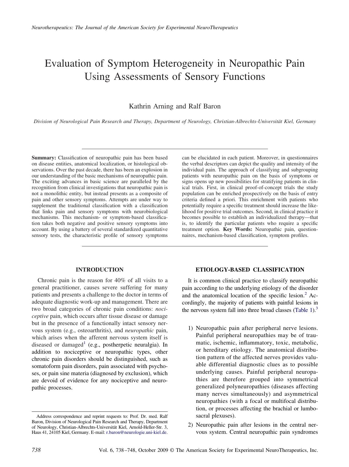 Evaluation of symptom heterogeneity in neuropathic pain using assessments of sensory functions by Unknown