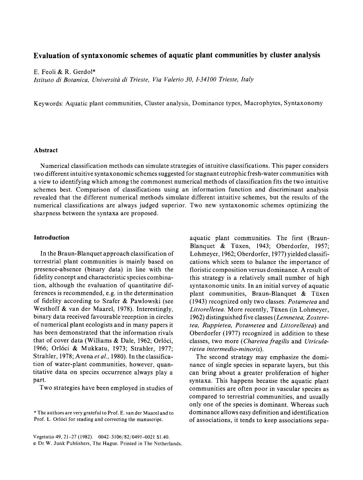 Evaluation of syntaxonomic schemes of aquatic plant communities by cluster analysis by Unknown