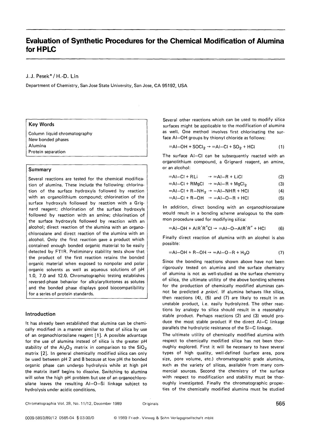 Evaluation of synthetic procedures for the chemical modification of alumina for HPLC by Unknown