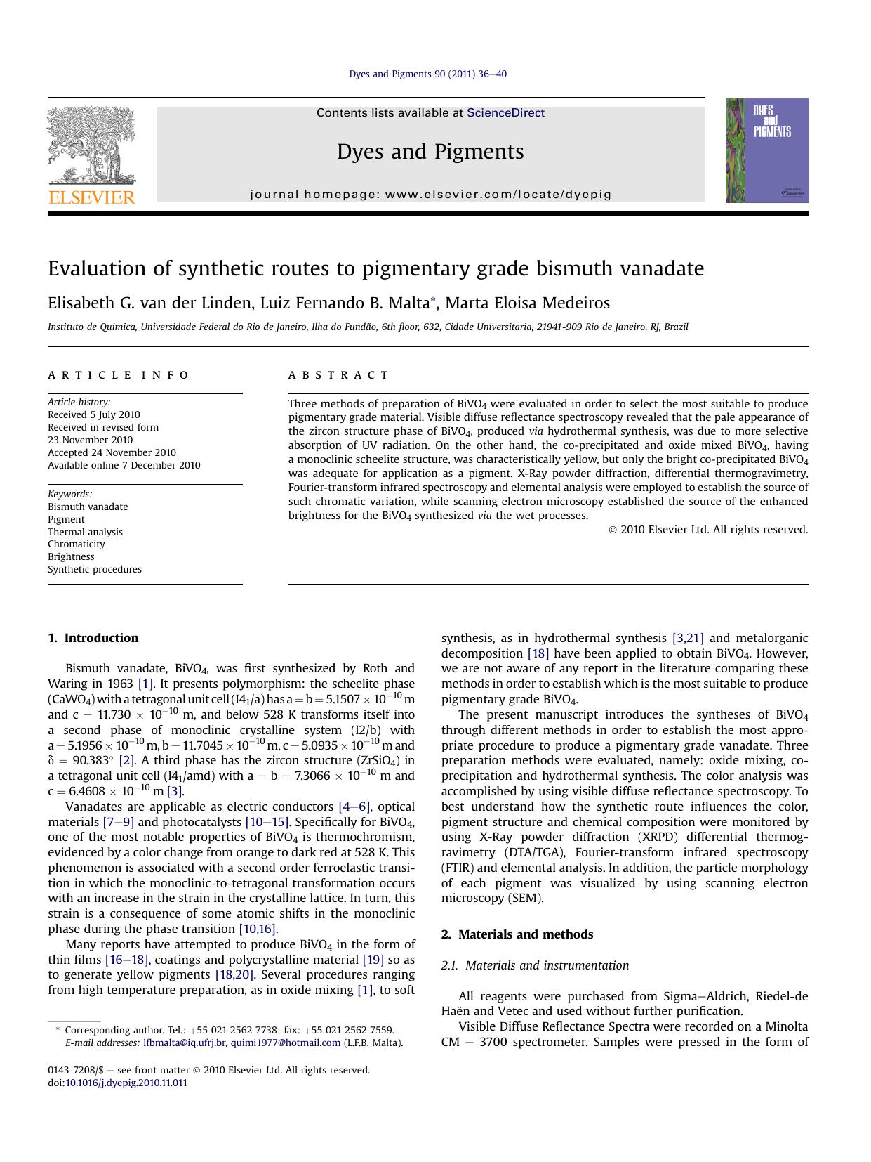 Evaluation of synthetic routes to pigmentary grade bismuth vanadate by Elisabeth G. van der Linden & Luiz Fernando B. Malta & Marta Eloisa Medeiros
