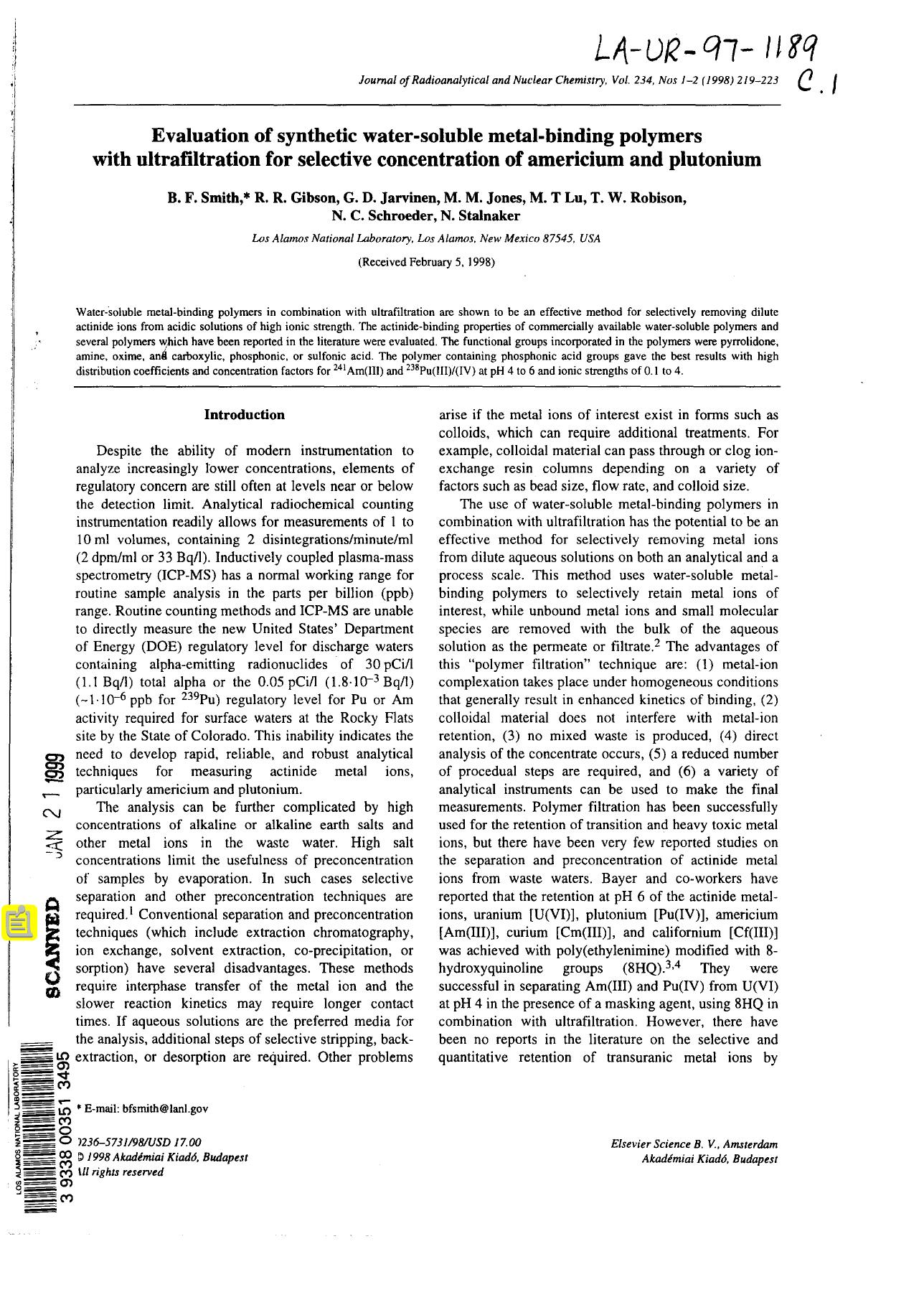 Evaluation of synthetic water-soluble metal-binding polymers with ultrafiltration for selective concentration of americium and plutonium None by LANL Research Library LWW Project