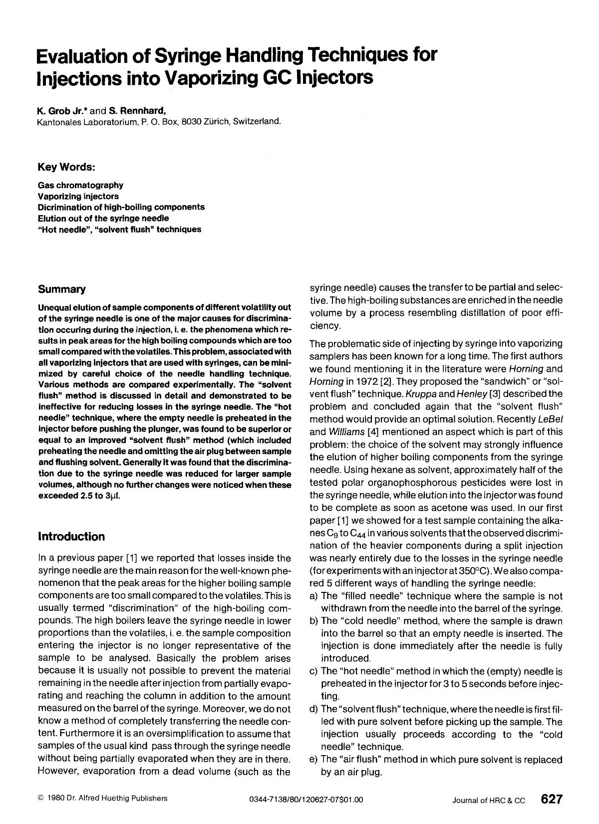 Evaluation of syringe handling techniques for injections into vaporizing GC injectors by Unknown