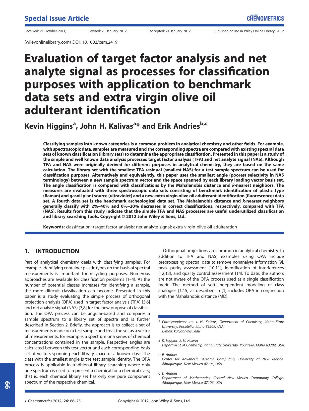 Evaluation of target factor analysis and net analyte signal as processes for classification purposes with application to benchmark data sets and extra virgin olive oil adulterant identification by Unknown