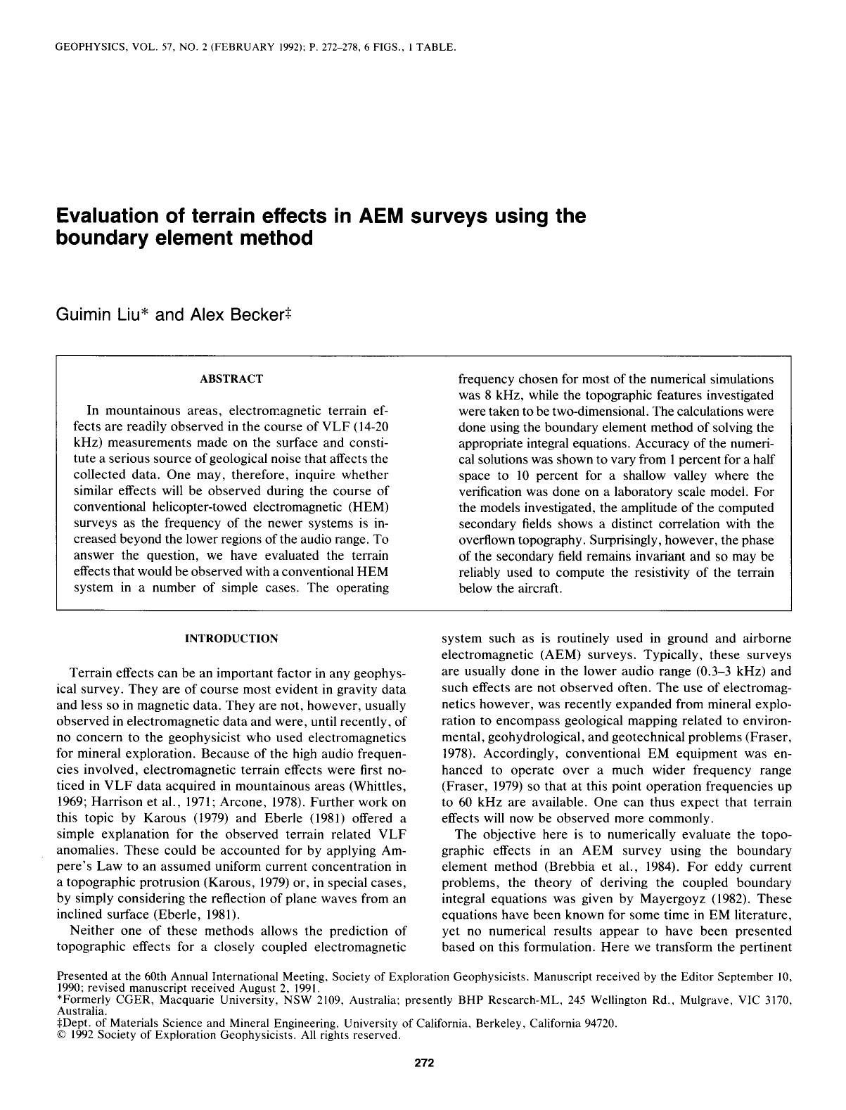 Evaluation of terrain effects in AEM surveys using the boundary element method by Liu G.; Becker A