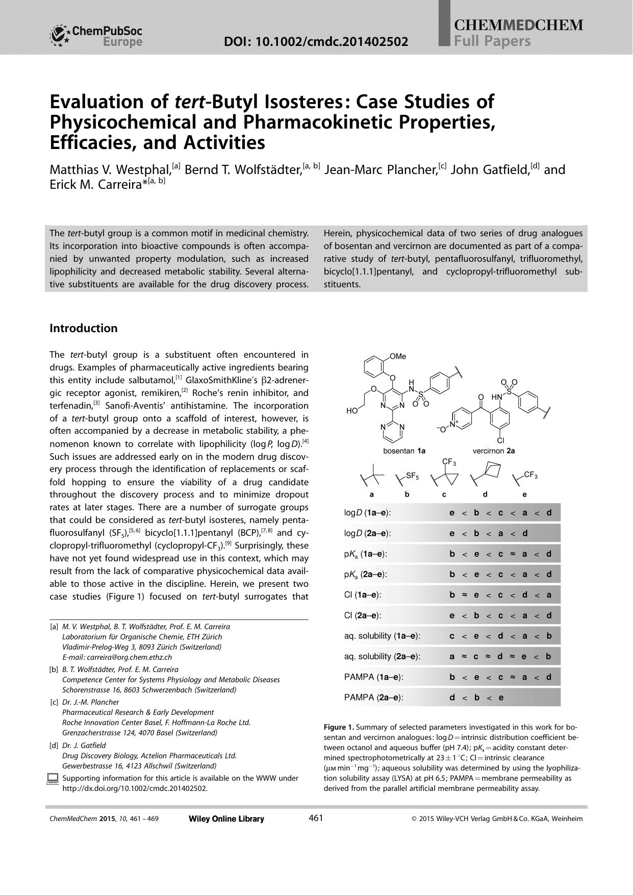 Evaluation of tertButyl Isosteres: Case Studies of Physicochemical and Pharmacokinetic Properties, Efficacies, and Activities by Unknown
