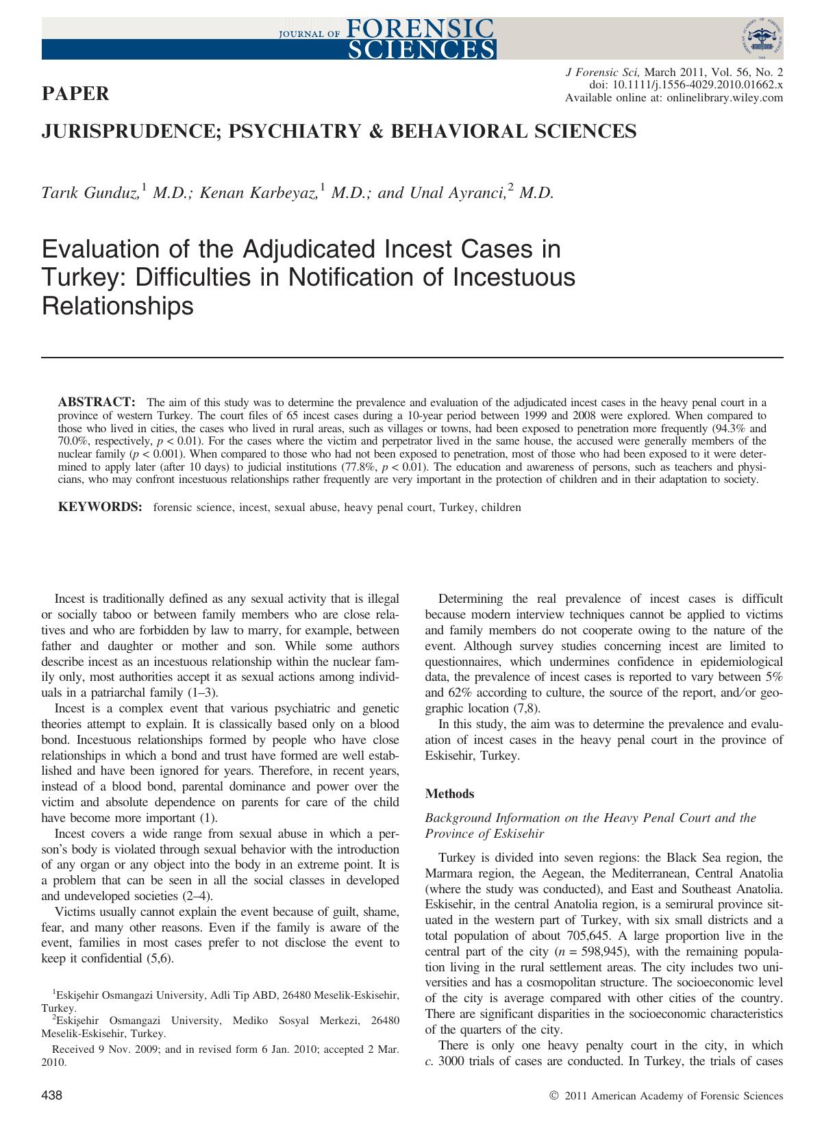 Evaluation of the Adjudicated Incest Cases in Turkey: Difficulties in Notification of Incestuous Relationships by Unknown
