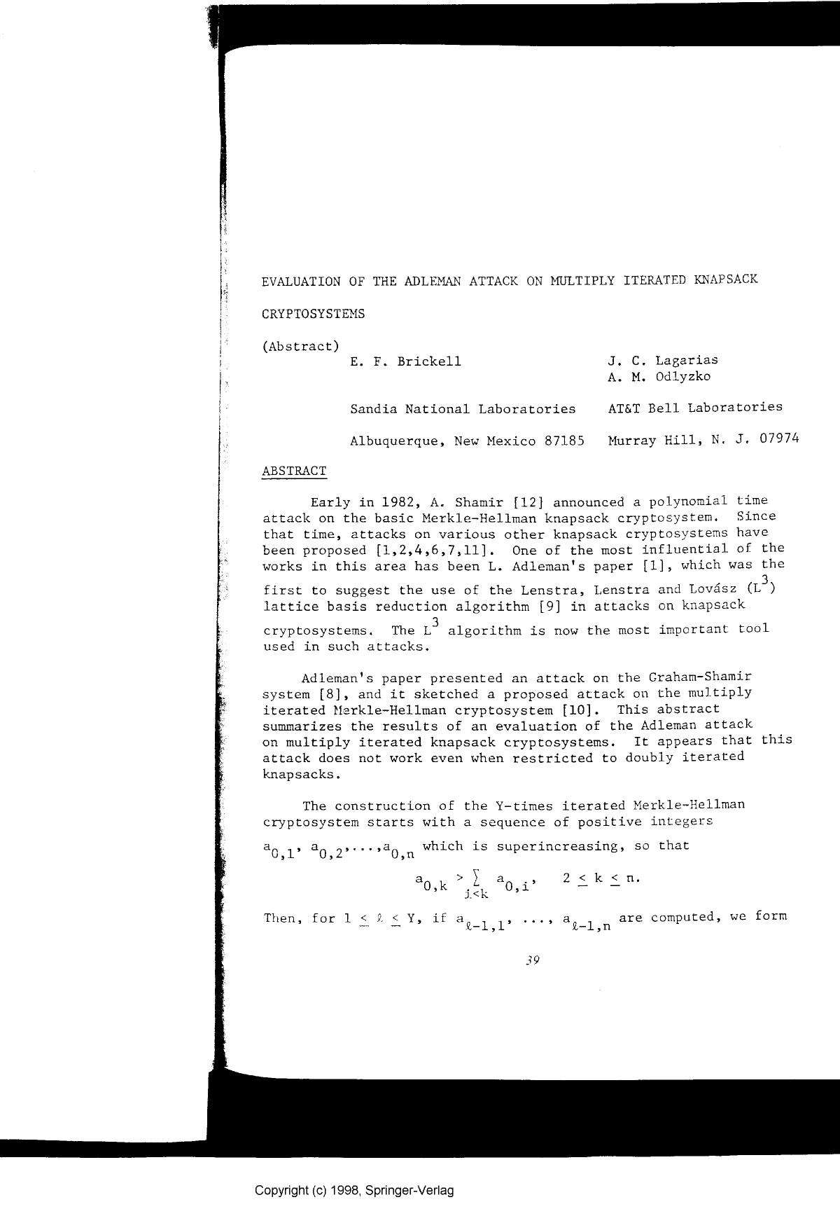 Evaluation of the Adleman attack on multiply iterated knapsack cryptosystems by Brickell E. F. Lagarias J. C. & Odlyzko A. M