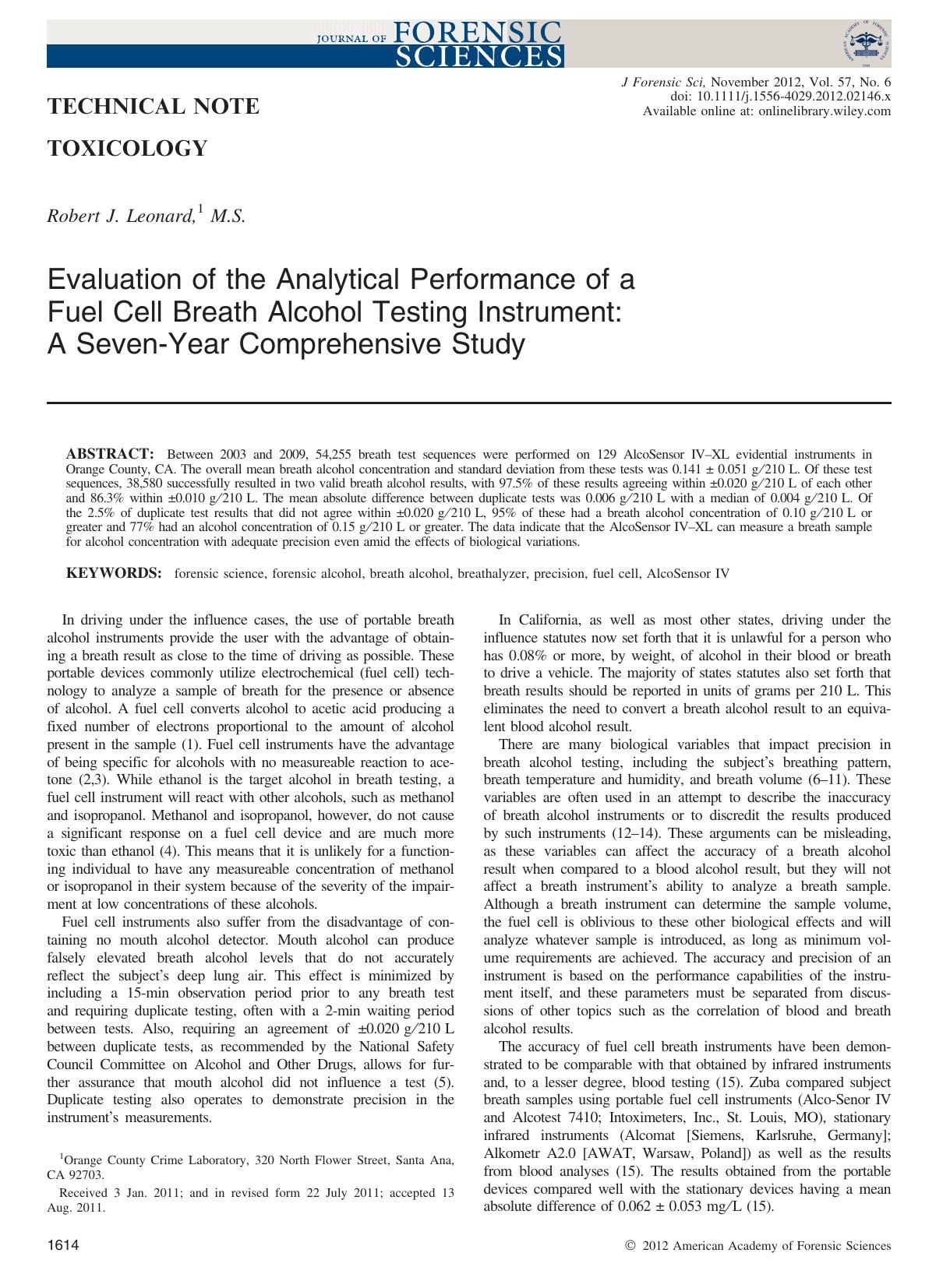 Evaluation of the Analytical Performance of a Fuel Cell Breath Alcohol Testing Instrument: A Sevenâ•’Year Comprehensive Study by Unknown