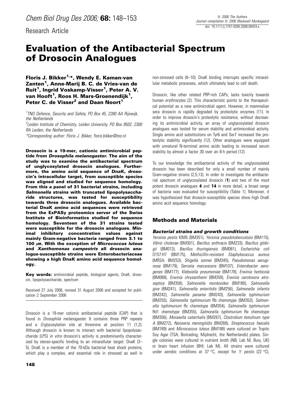 Evaluation of the Antibacterial Spectrum of Drosocin Analogues by unknow
