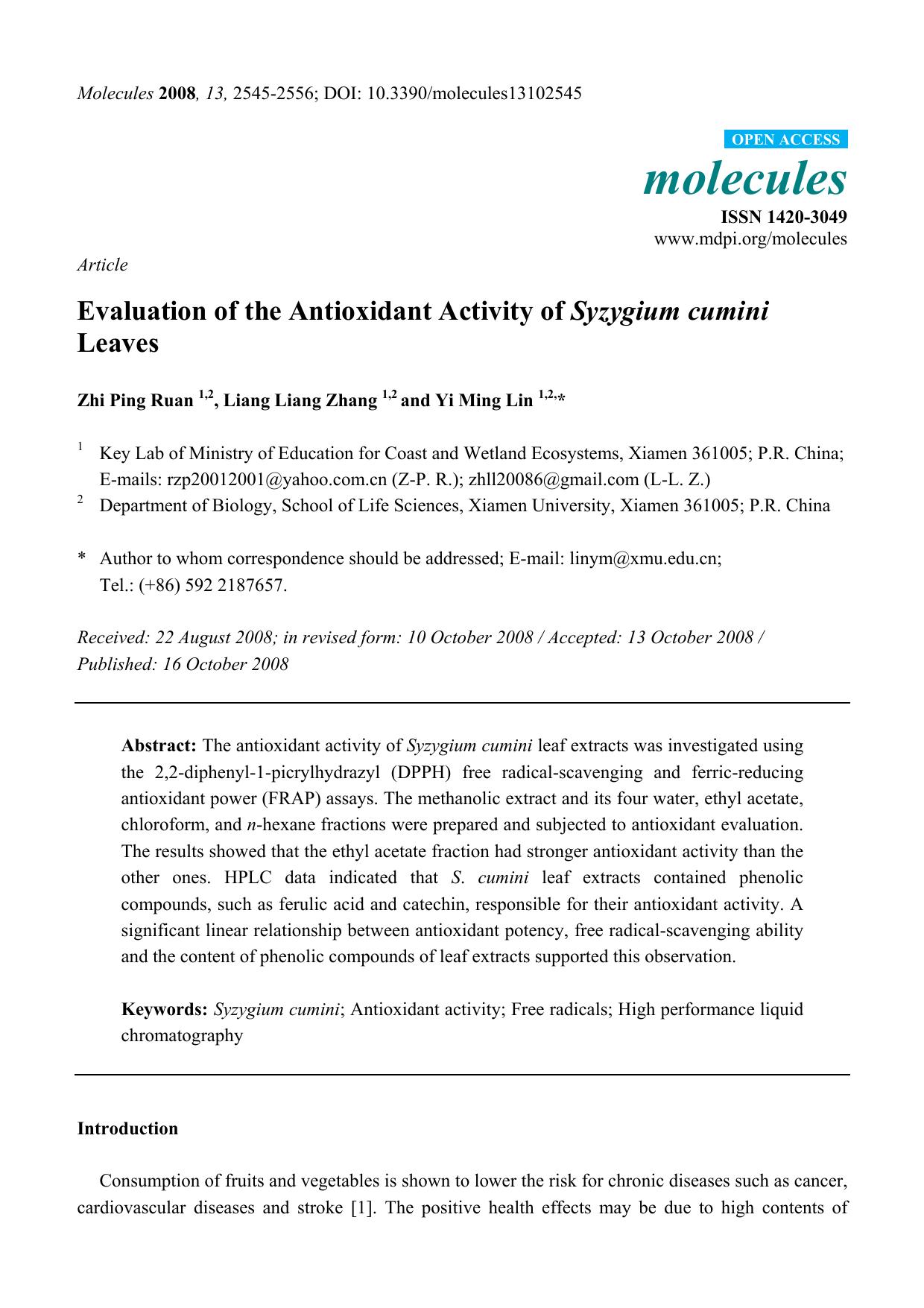 Evaluation of the Antioxidant Activity of Syzygium cumini Leaves by Zhi Ping Ruan & Liang Liang Zhang & Yi Ming Lin