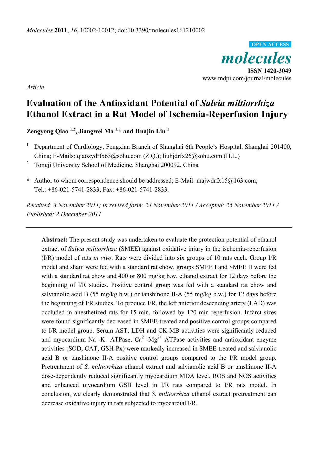 Evaluation of the Antioxidant Potential of Salvia miltiorrhiza Ethanol Extract in a Rat Model of Ischemia-Reperfusion Injury by Zengyong Qiao & Jiangwei Ma and Huajin Liu
