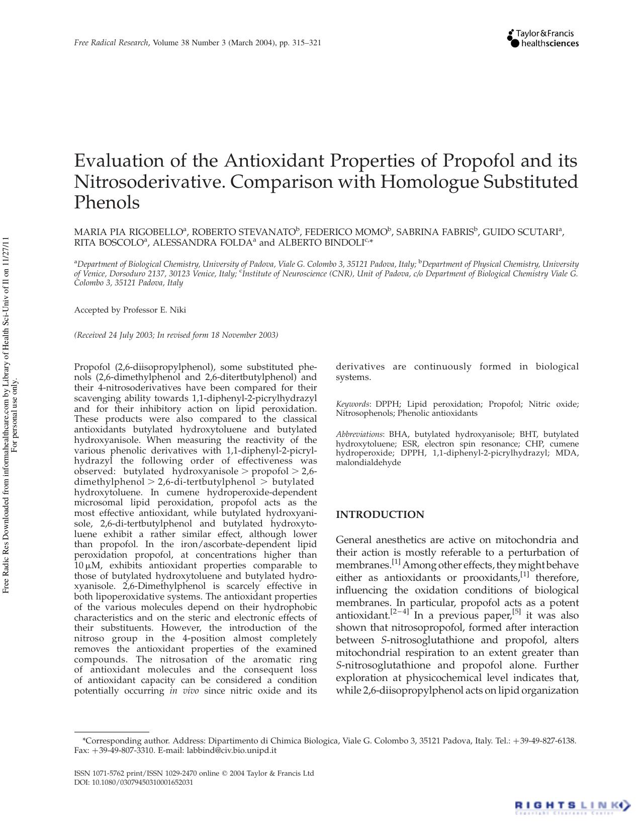 Evaluation of the Antioxidant Properties of Propofol and its Nitrosoderivative. Comparison with Homologue Substituted Phenols by unknow