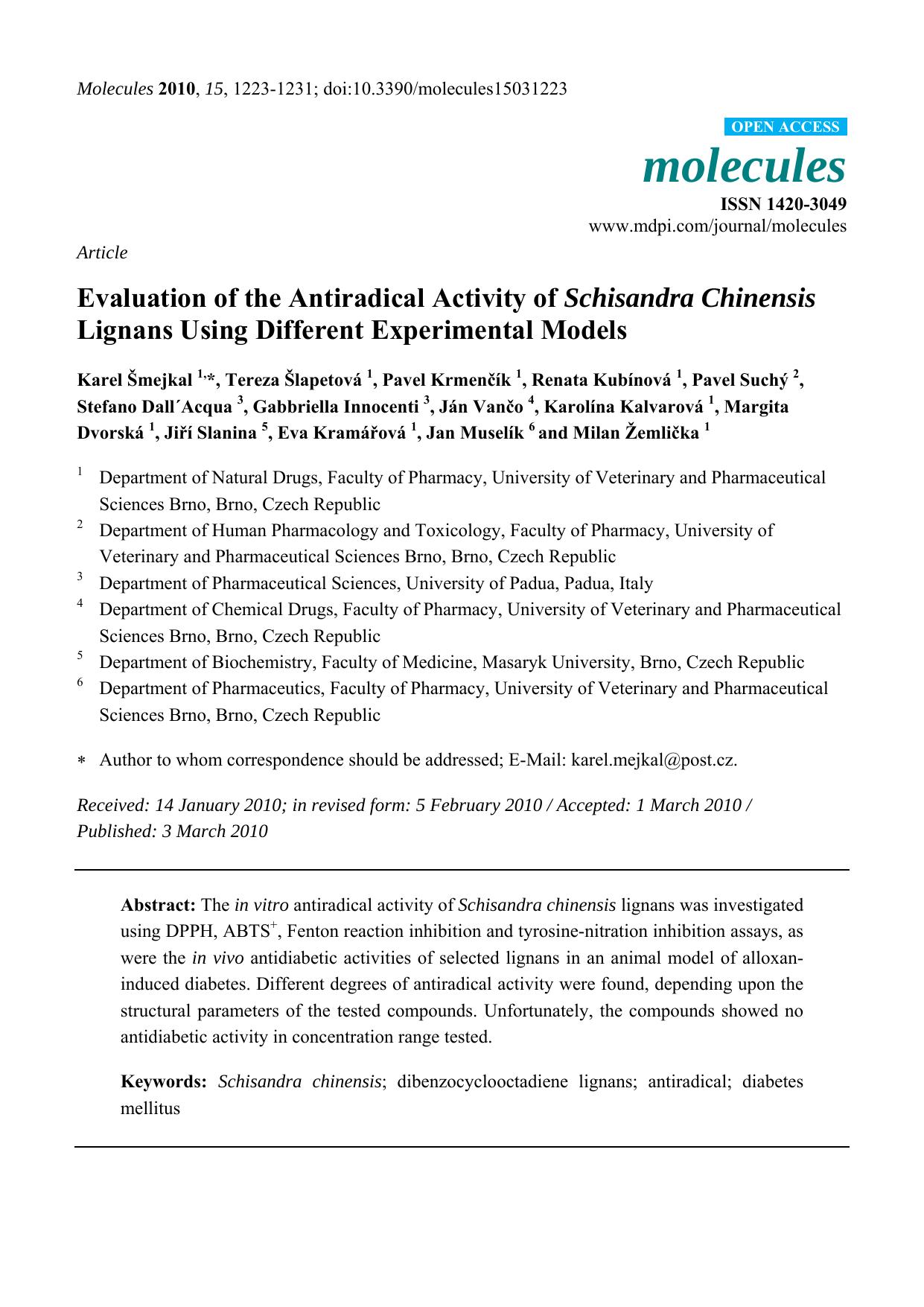Evaluation of the Antiradical Activity of Schisandra Chinensis Lignans Using Different Experimental Models by unknow
