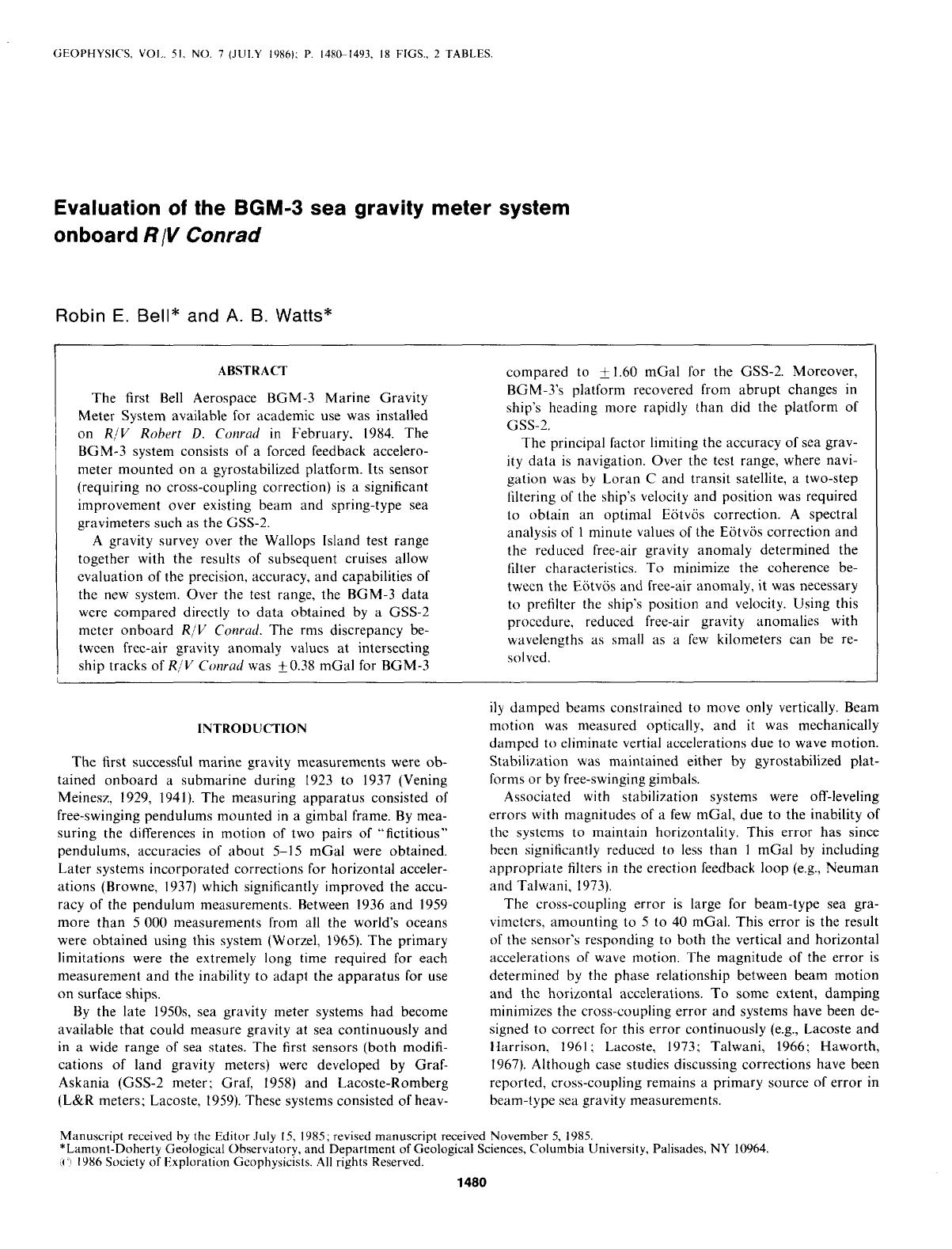Evaluation of the BGM-3 sea gravity meter system onboard RV Conrad by Bell R. E.; Watts A. B