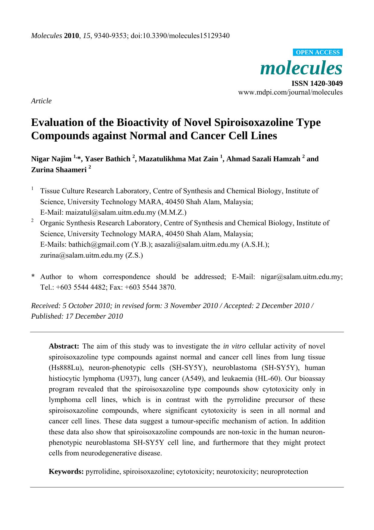 Evaluation of the Bioactivity of Novel Spiroisoxazoline Type Compounds against Normal and Cancer Cell Lines by Nigar Najim & Yaser Bathich & Mazatulikhma Mat Zain & Ahmad Sazali Hamzah & Zurina Shaameri
