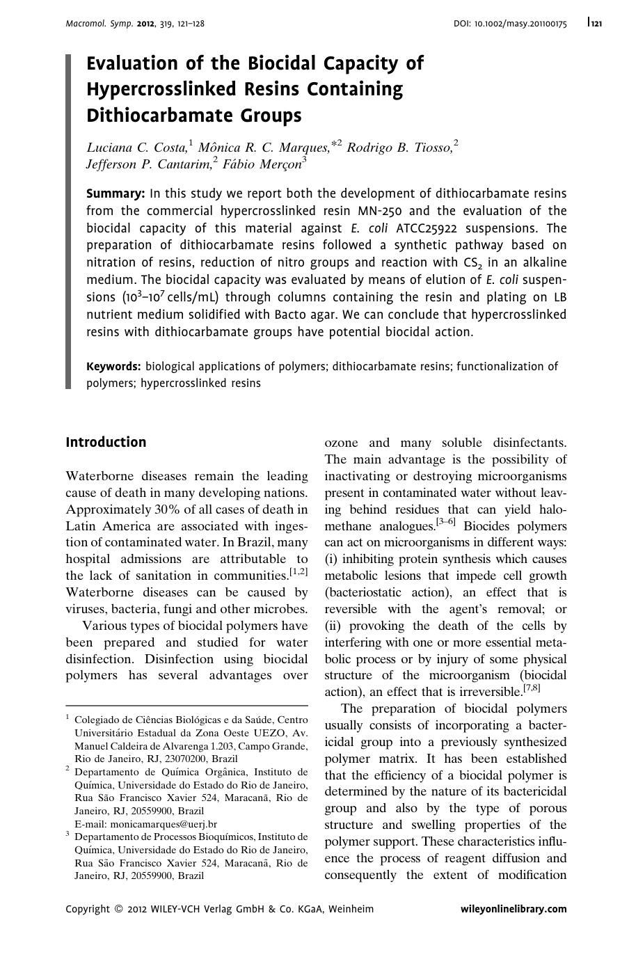 Evaluation of the Biocidal Capacity of Hypercrosslinked Resins Containing Dithiocarbamate Groups by Unknown