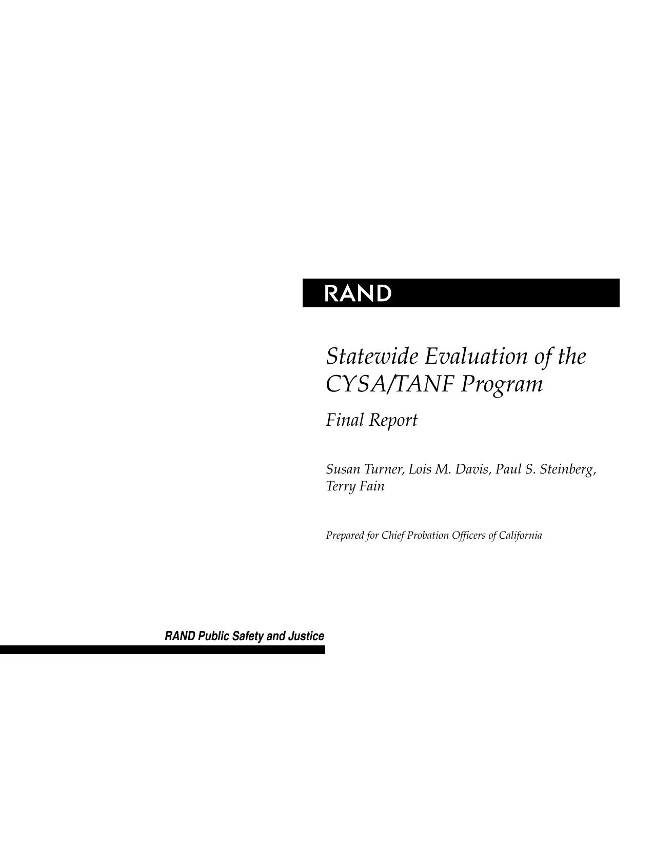 Evaluation of the CYSA TANF Programs in California: Final Report by Susan Turner