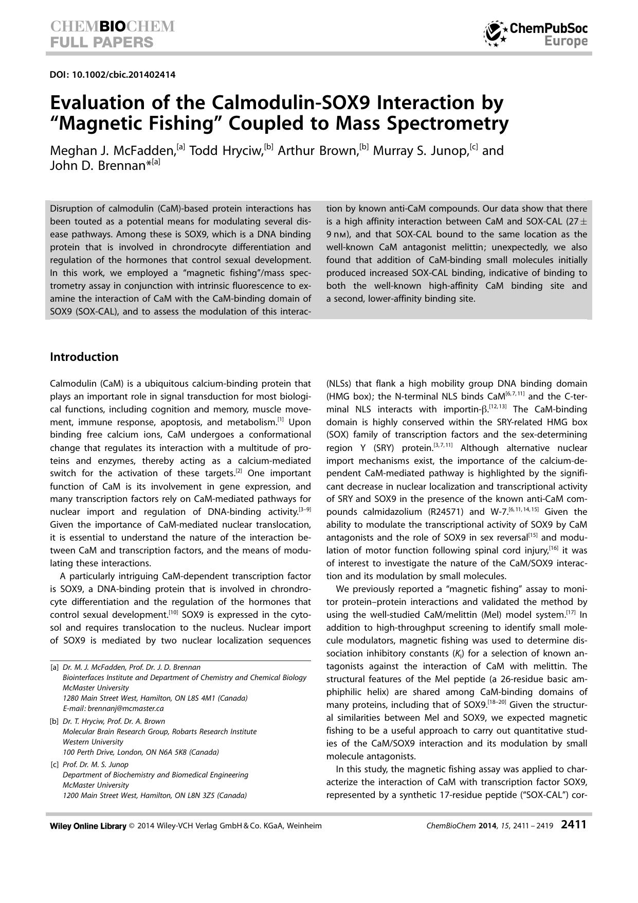 Evaluation of the CalmodulinSOX9 Interaction by Magnetic Fishing Coupled to Mass Spectrometry by Unknown