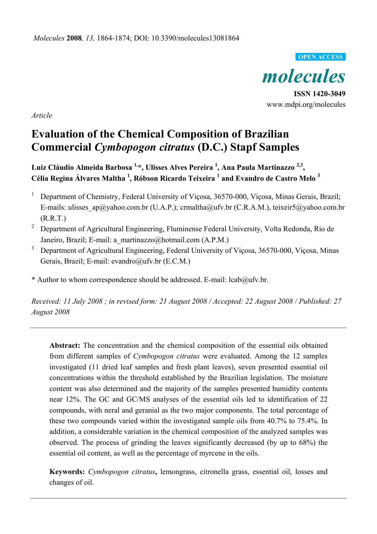 Evaluation of the Chemical Composition of Brazilian Commercial Cymbopogon citratus (D.C.) Stapf Samples by unknow