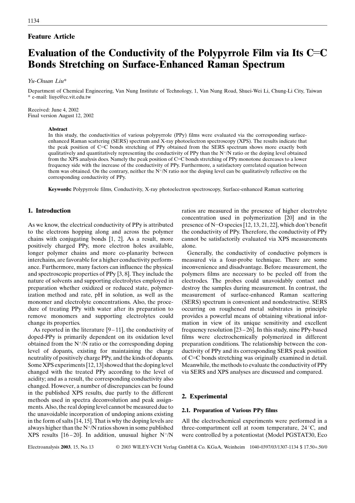 Evaluation of the Conductivity of the Polypyrrole Film via Its C[double bond]C Bonds Stretching on Surface-Enhanced Raman Spectrum by Unknown
