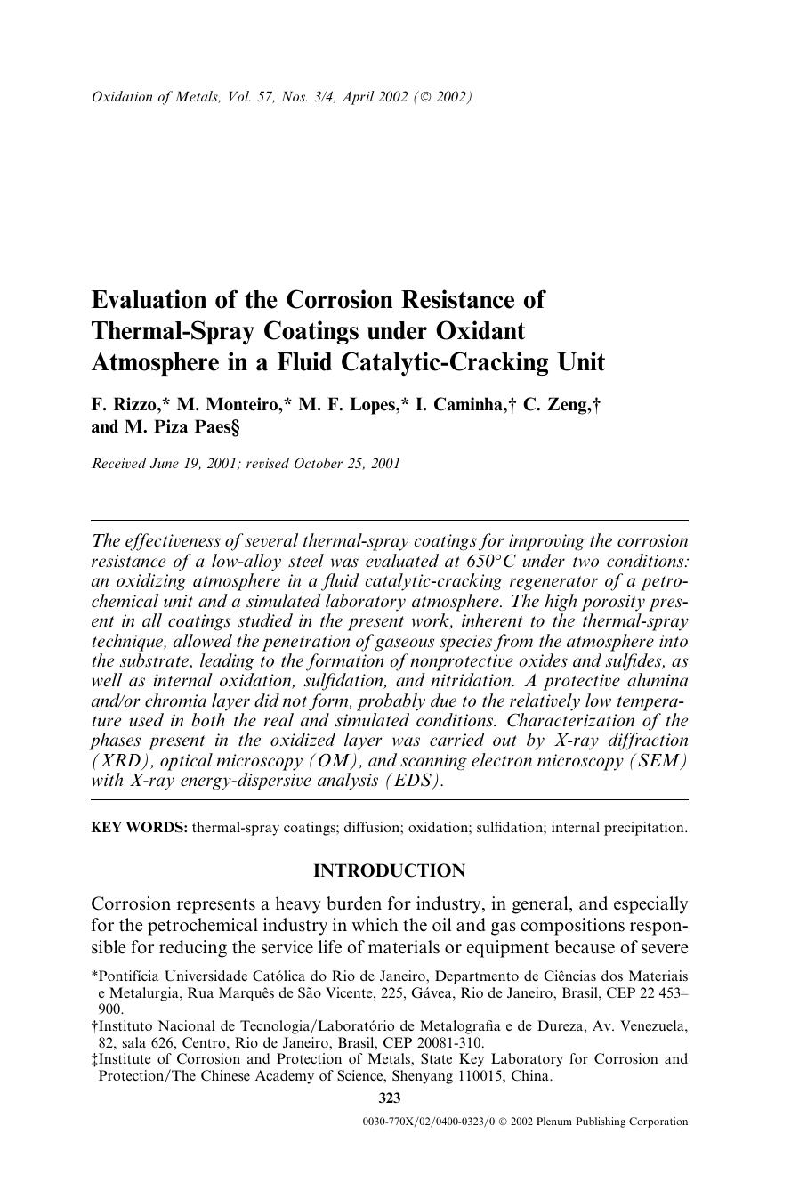 Evaluation of the Corrosion Resistance of Thermal-Spray Coatings Under Oxidant Atmosphere in a Fluid Catalytic-Cracking Unit by Unknown
