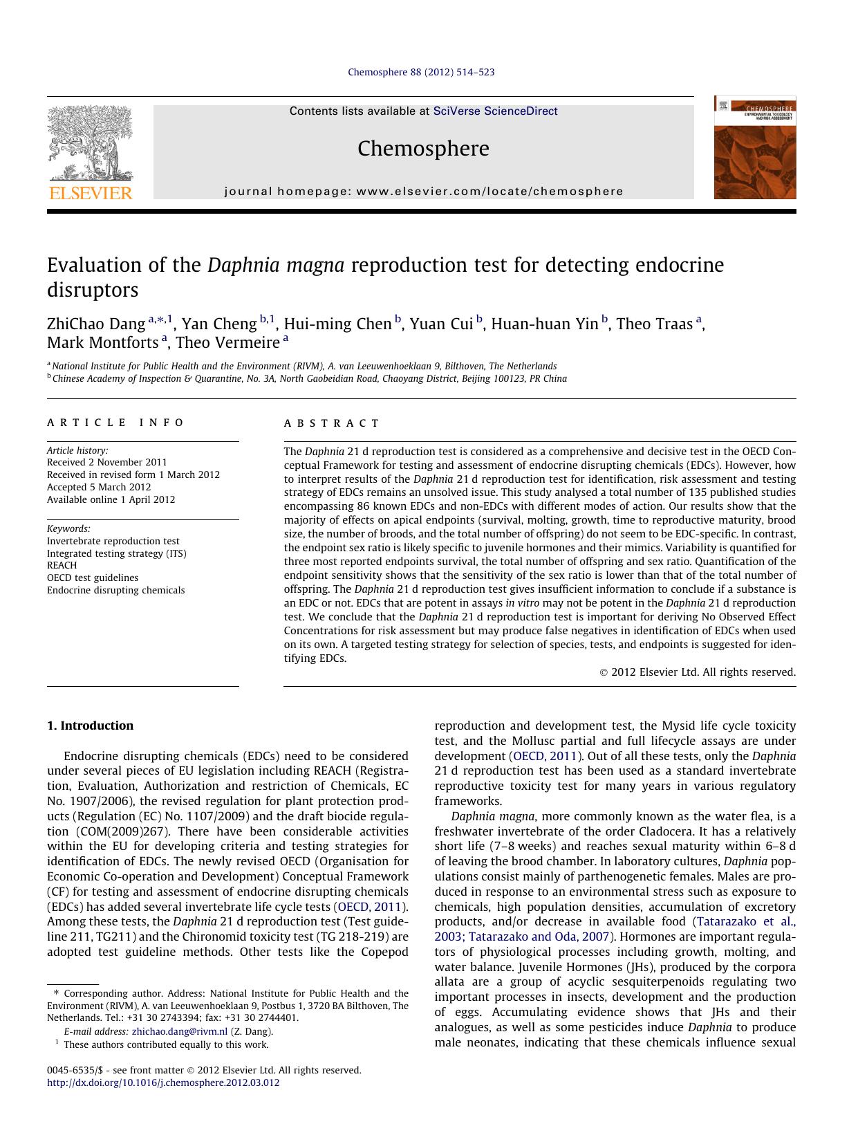 Evaluation of the Daphnia magna reproduction test for detecting endocrine disruptors by unknow