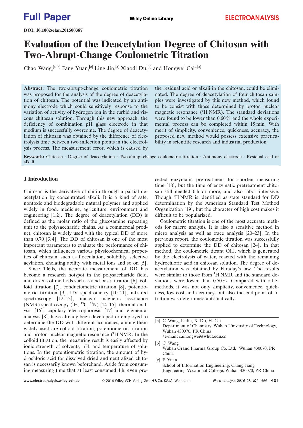 Evaluation of the Deacetylation Degree of Chitosan with TwoAbruptChange Coulometric Titration by Unknown