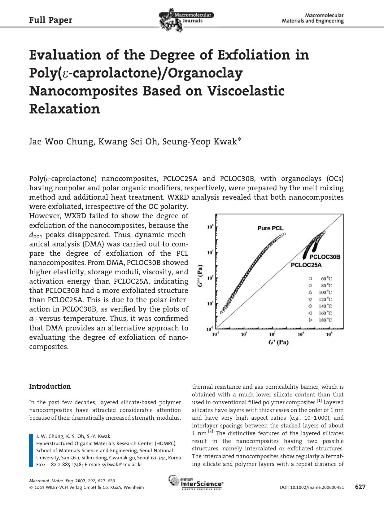 Evaluation of the Degree of Exfoliation in Poly(caprolactone)Organoclay Nanocomposites Based on Viscoelastic Relaxation by Unknown