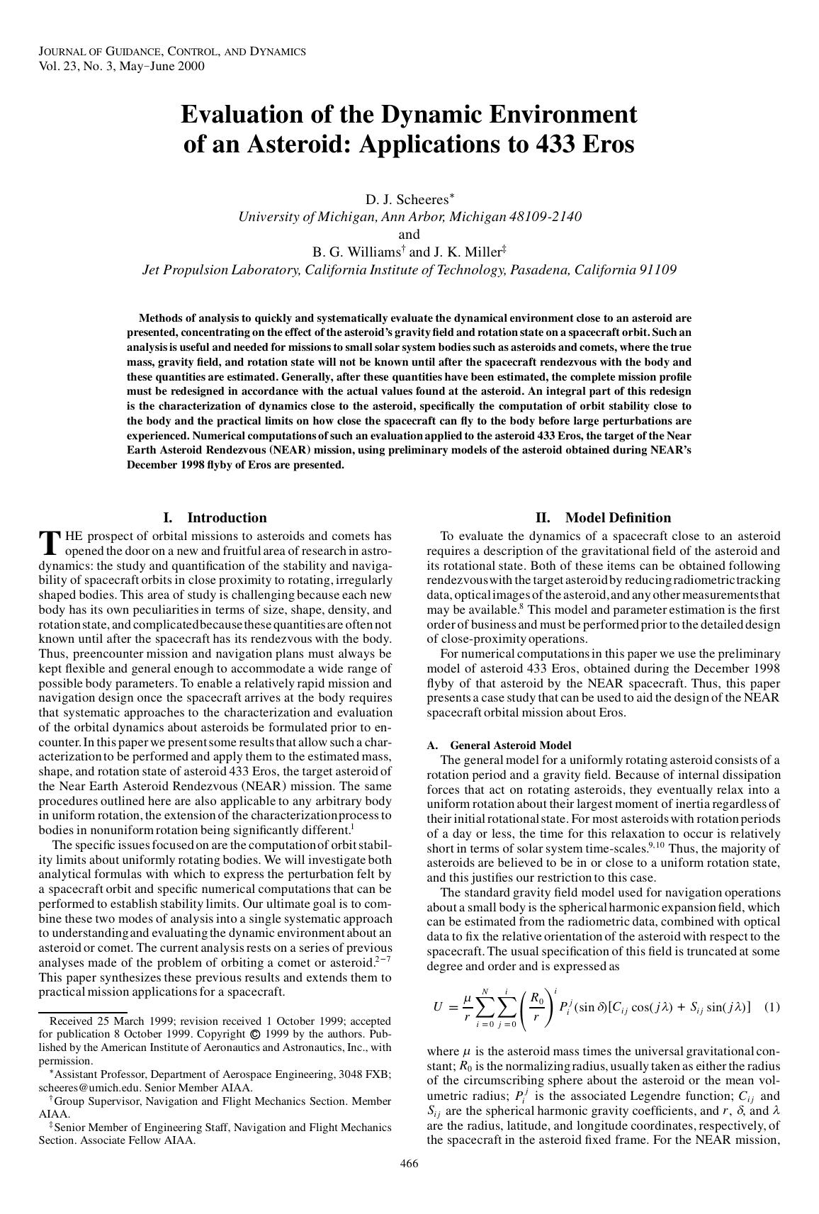 Evaluation of the Dynamic Environment of an Asteroid: Applications to 433 Eros by Unknown