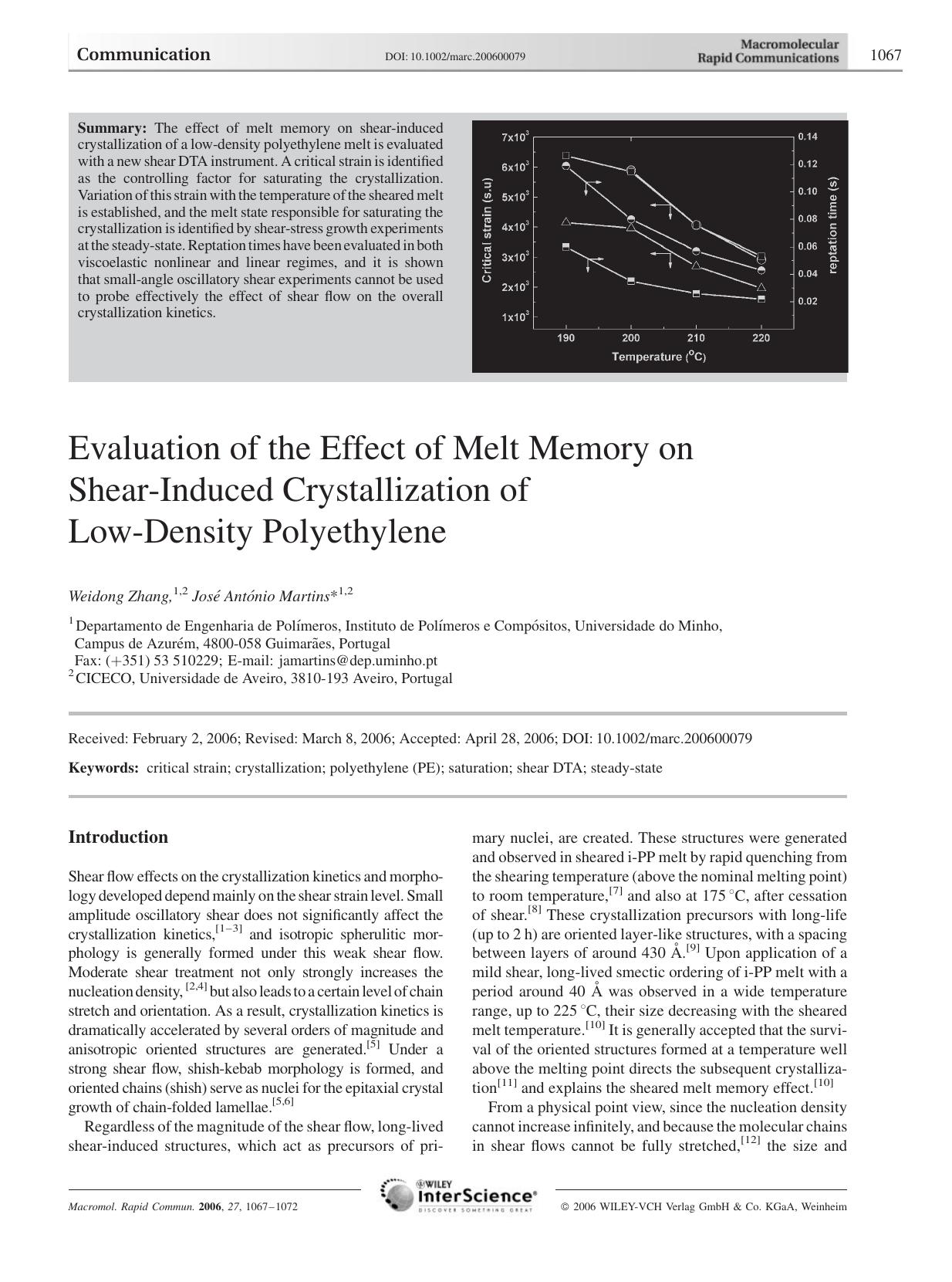 Evaluation of the Effect of Melt Memory on Shear-Induced Crystallization of Low-Density Polyethylene by Unknown