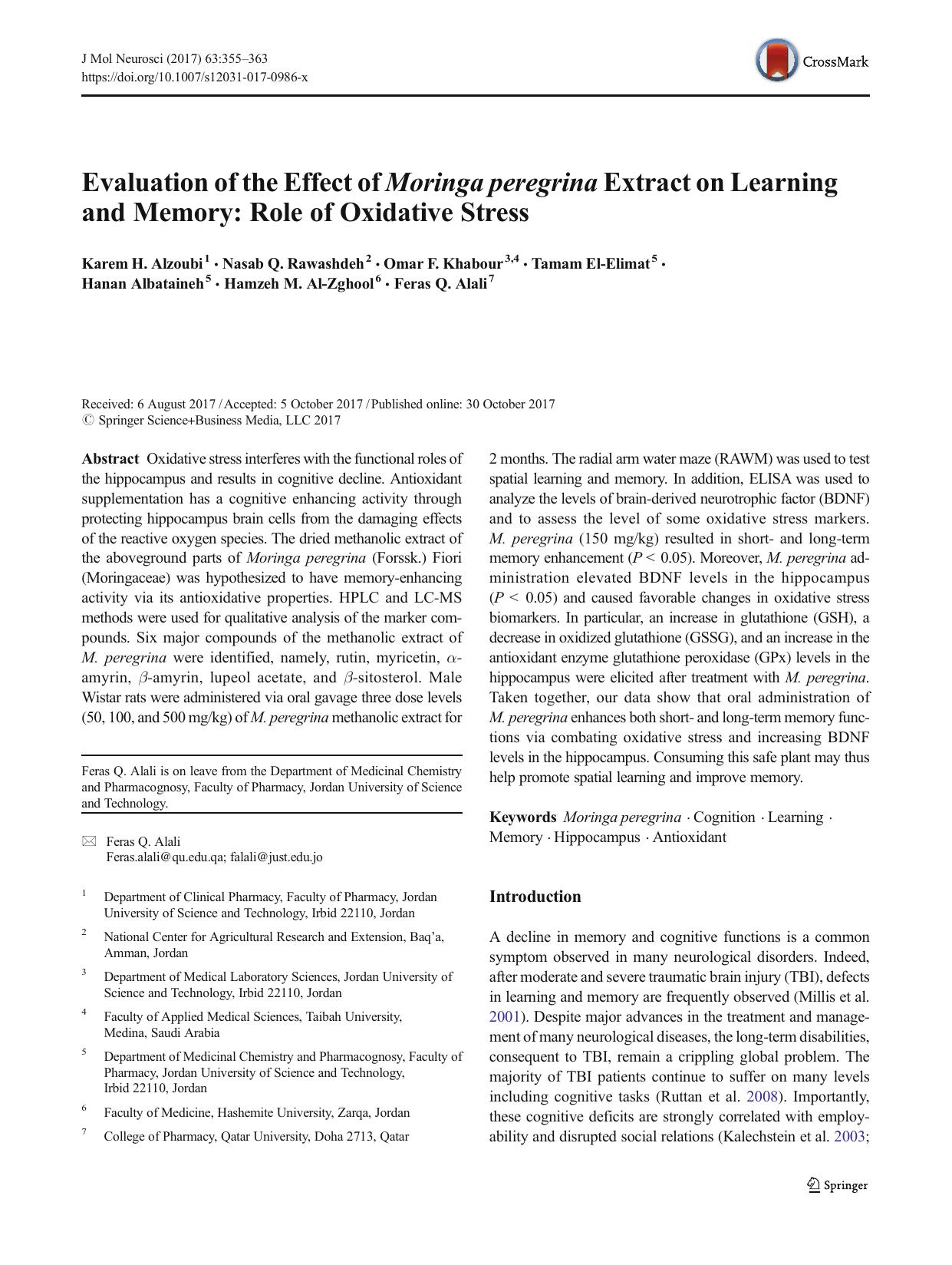 Evaluation of the Effect of Moringa peregrina Extract on Learning and Memory: Role of Oxidative Stress by unknow
