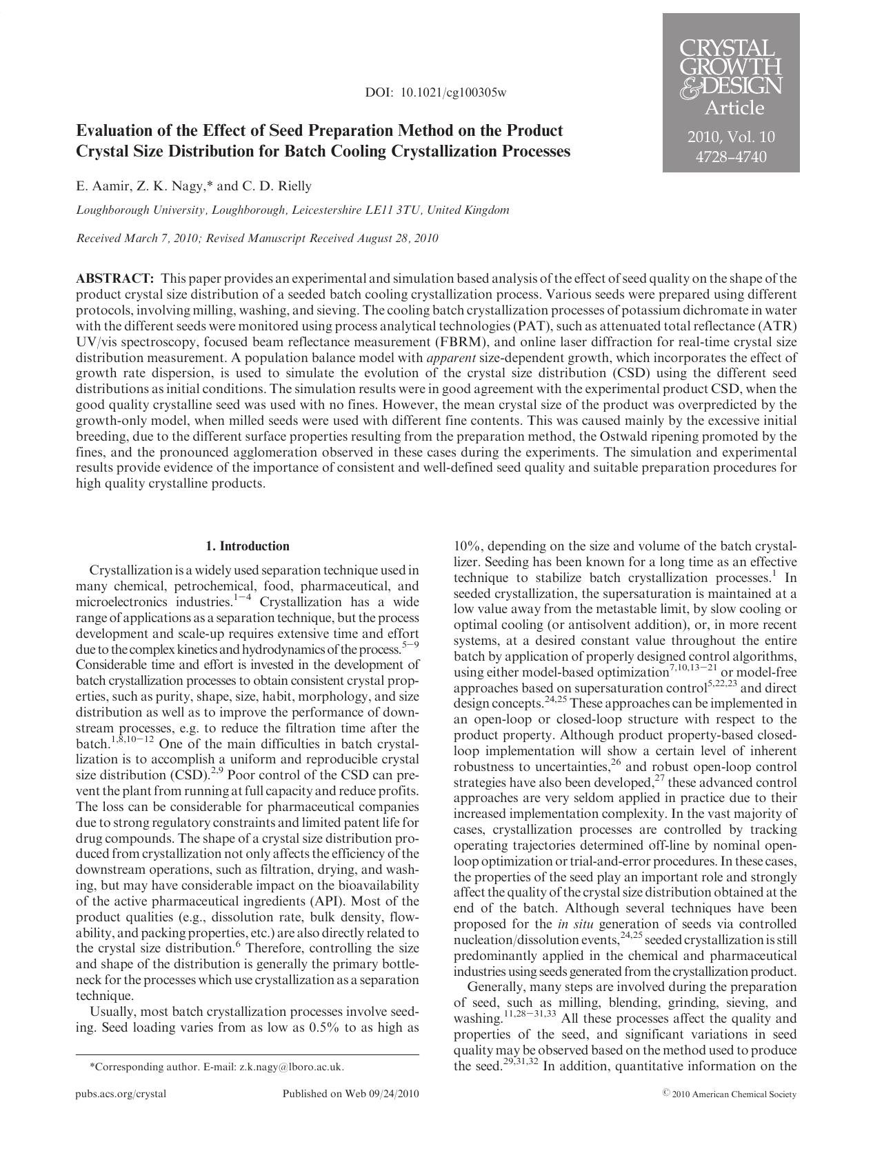 Evaluation of the Effect of Seed Preparation Method on the Product Crystal Size Distribution for Batch Cooling Crystallization Processes by Unknown
