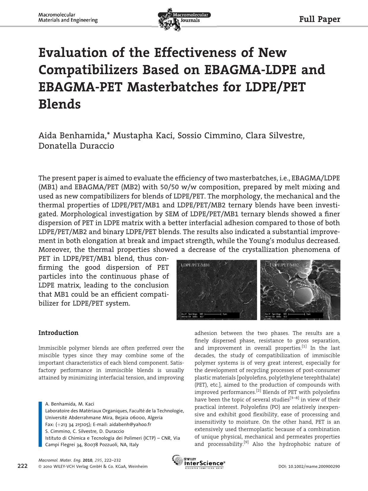 Evaluation of the Effectiveness of New Compatibilizers Based on EBAGMA-LDPE and EBAGMA-PET Masterbatches for LDPEPET Blends by Unknown