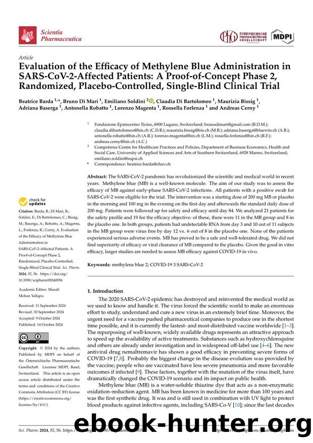 Evaluation of the Efficacy of Methylene Blue Administration in SARS-CoV-2-Affected Patients: A Proof-of-Concept Phase 2, Randomized, Placebo-Controlled, Single-Blind Clinical Trial by unknow